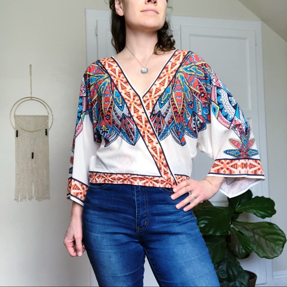 Flying Tomato Boho Pattern Crop Bell Sleeve Blouse